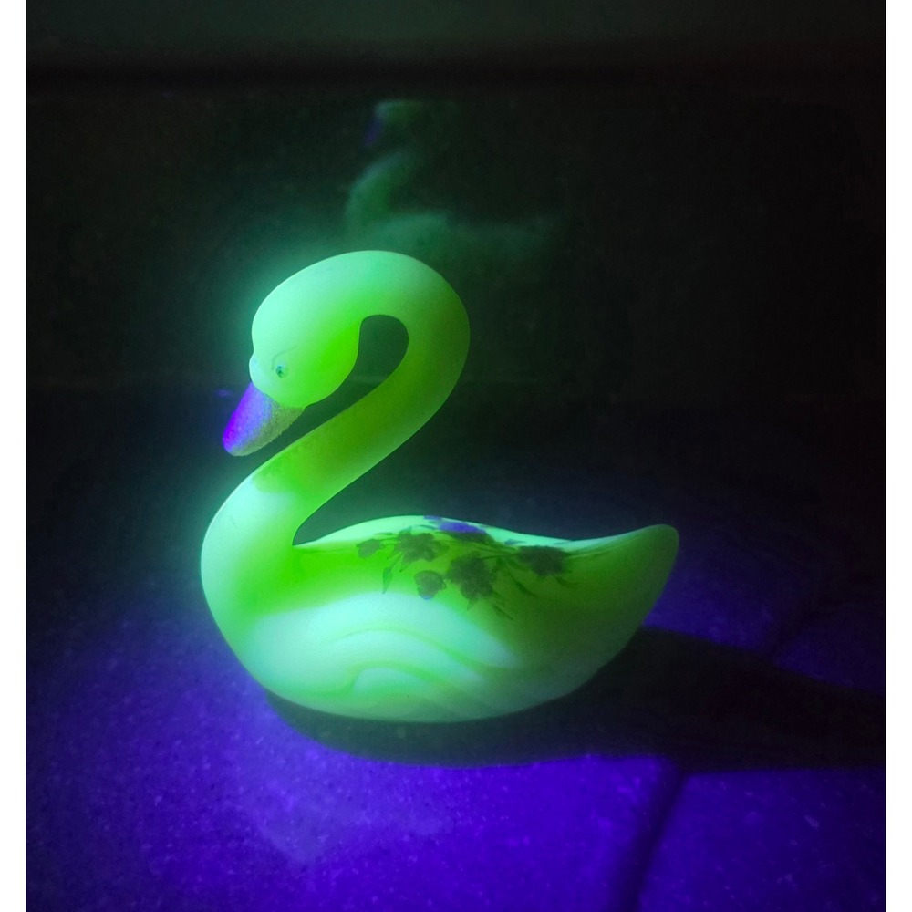 Vintage Fenton Vaseline Custard Satin Glass Swan Hand Painted Signed Floral 4.5"